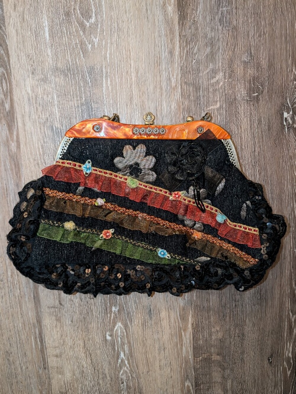 Vintage Black Multicolored Lace Chain Shoulder Bag